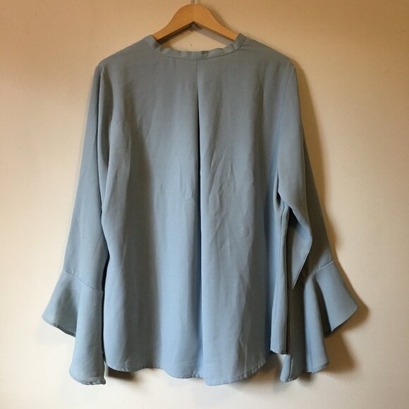 Pale Periwinkle Blue Bow Collar Bell Sleeve Button Down Evelina Blouse - Picture 2 of 16